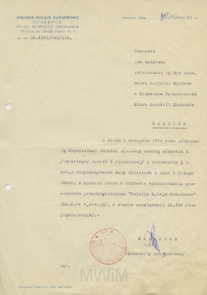 KKE 5614.jpg - Dok. Pismo z Polskich Kolei Państwowych w Olsztynie dla Jana Małyszko dotyczące zmiany uposażenia zasadniczego, Olsztyn, 30 VII 1968 r.